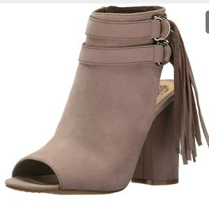 Vince Camuto Mauve Suede Open-Toe Ankle Booties with Fringe